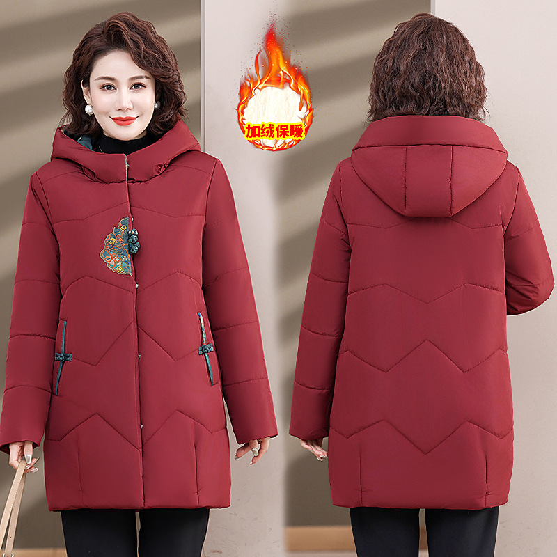 妈妈冬装羽绒棉服中长款民族风棉衣外套中老年人女奶奶装加绒棉袄