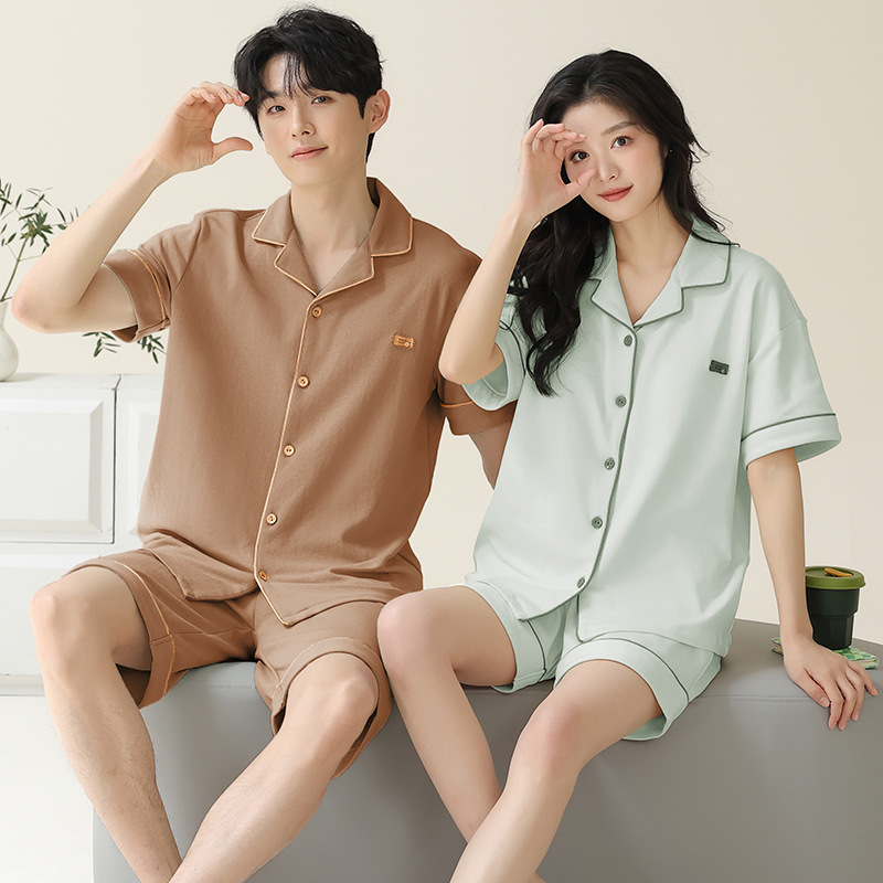 新款情侣睡衣夏纯棉短袖短裤休闲男士开衫女款甜美风可外穿家居服