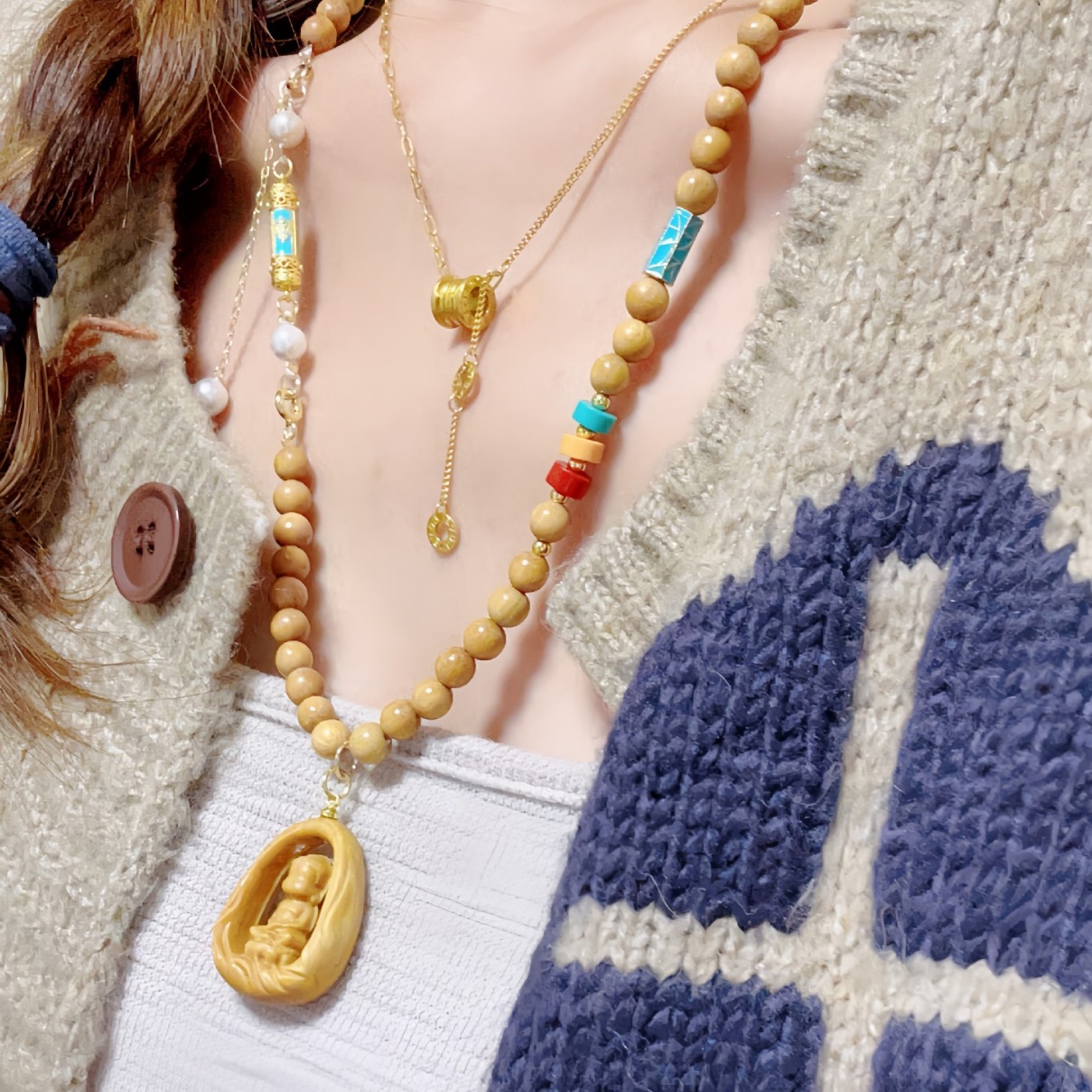 高级复古无相佛项链毛衣链 搭配6mm芭比檀木圆珠和彩色配饰毛衣链