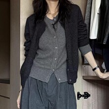 拼接假两件羊绒开衫女宽松气质秋冬款韩版圆领毛衣外套针织衫百搭