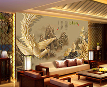 古典凤凰山水壁画大型立体轻奢壁纸客厅电视沙发财源广进背景墙纸