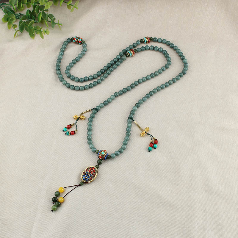 Retro Nepal Jade Beaded Long National Style Crossbody Chain Chinese Back Necklace All-Match Ethnic Style Ornament