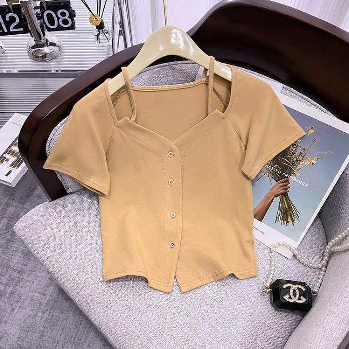 Short Sleeve Women's 2023 New Niche Design Short Summer T-shirt Cardigan off-Shoulder Slim Chic Top