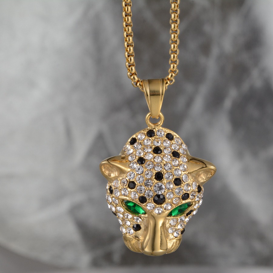 欧美创意嘻哈摇滚个性潮流网红豹头镶钻吊坠情侣钛钢项链挂饰