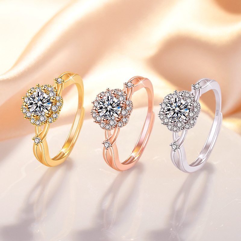 小红书同款戒指女1克拉仿莫桑钻戒富贵花蕊开口戒指女士时尚珠宝