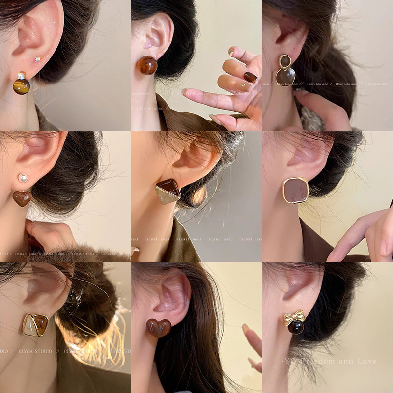 925 Silver Needle Maillard Coffee Color Tiger Eye Stone Earrings Female Niche High Sense Earrings Ins Light Luxury Autumn and Winter Ear Jewelry