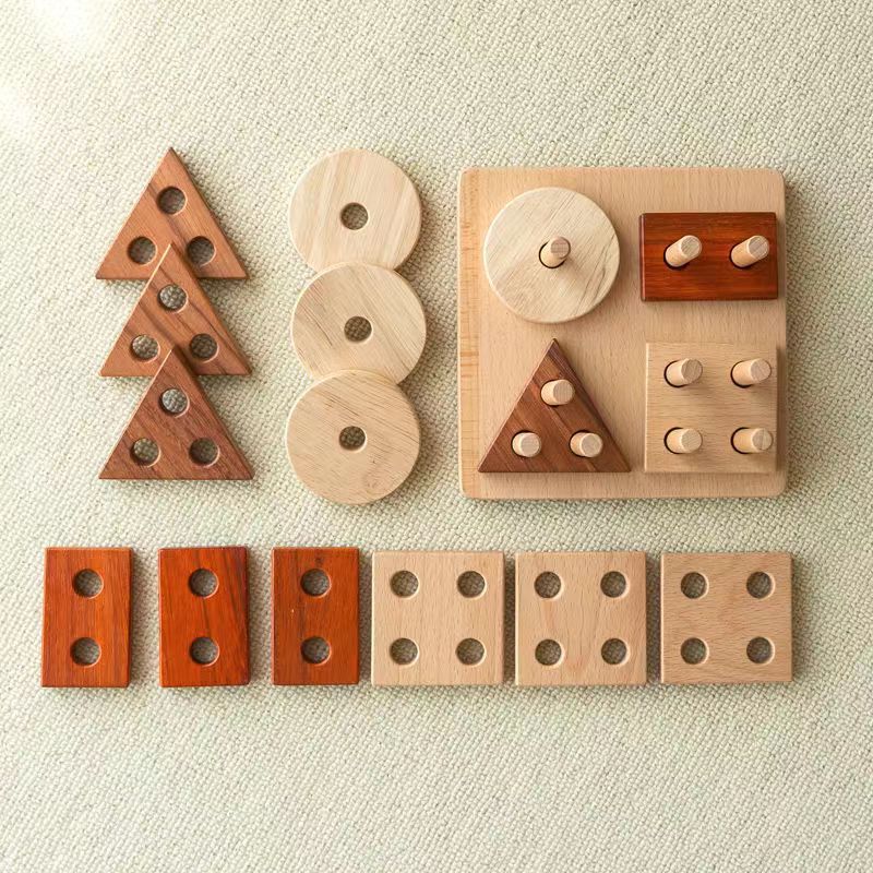 Wooden Four Sets of Toys Children's Puzzle Geometric Building Blocks Game Infant Montessori Early Education Perception Teaching Aids Wholesale