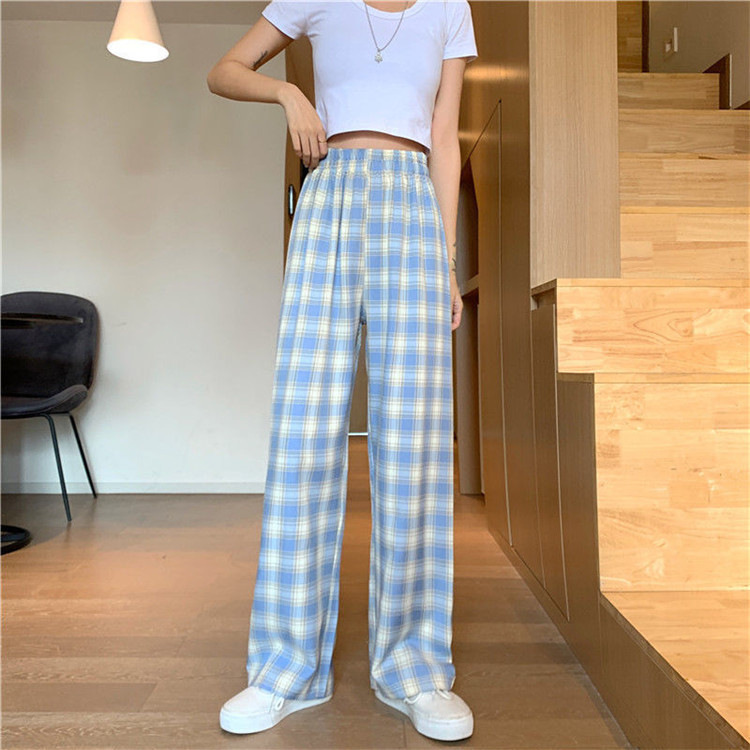 Plaid Pants Women's Summer Thin 2023 New High Waist Slimming and Straight Wide Leg Pants Loose Drooping Mopping Casual Pants