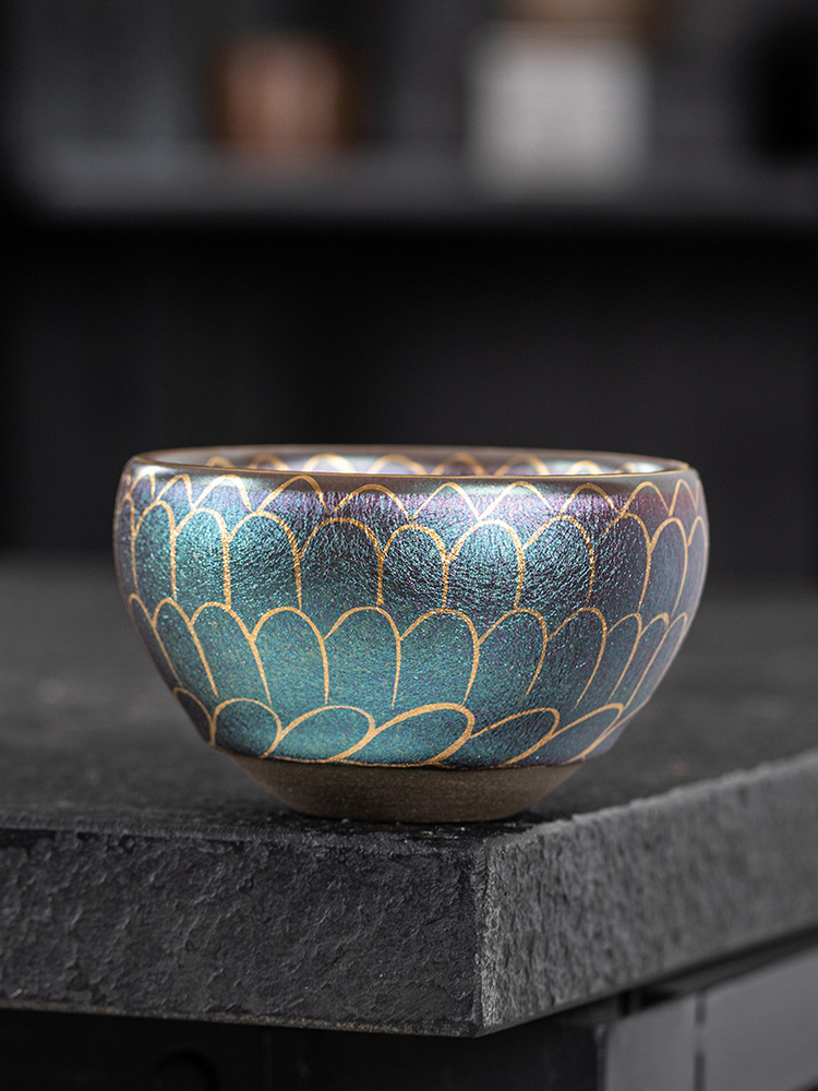 流光溢彩主人杯七彩建盏手绘佛莲盏遇茶成金原矿铁胎软化水质批发