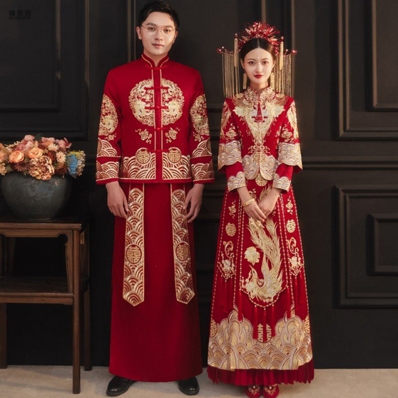 新款男装秀禾服中式结婚敬酒礼服新郎服大码男士马褂装龙