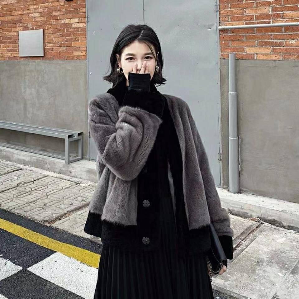 2022新款仿水貂皮草减龄名媛仿貂皮大衣时尚年轻气质短款v领女士