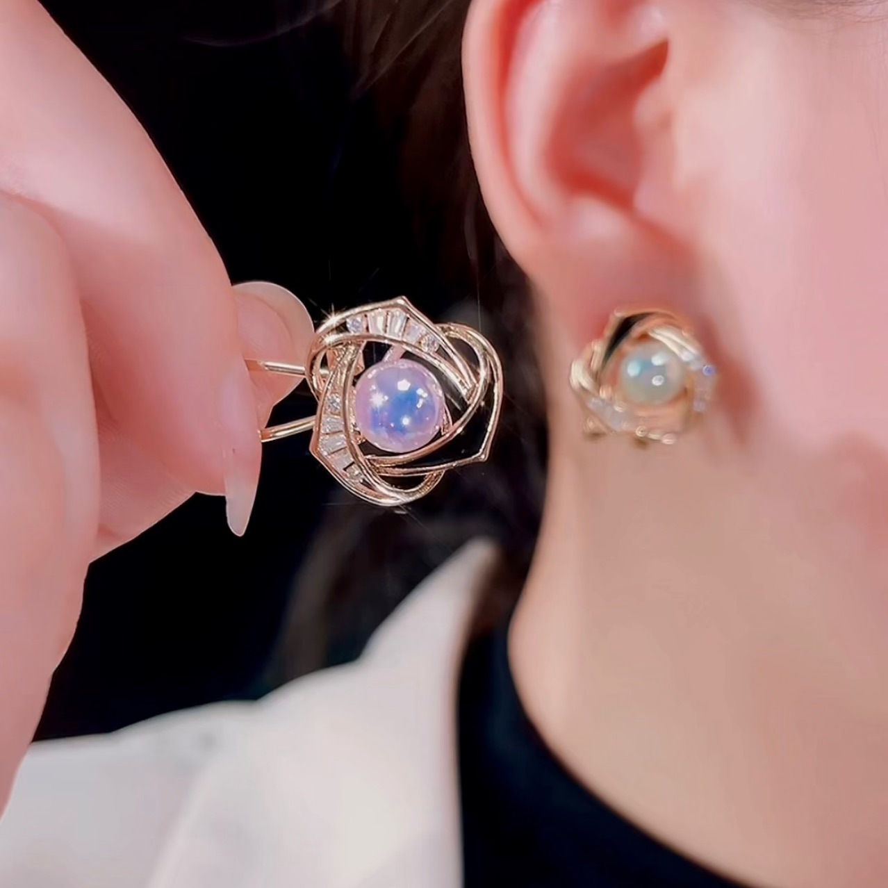 卡拉美拉时尚香风耳饰女镶钻彩色人鱼姬珍珠玫瑰花耳钉耳扣925针