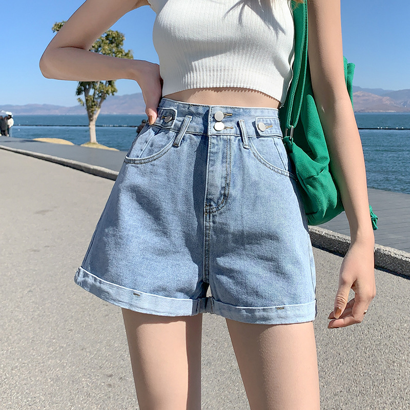 牛仔短裤女2022年夏季新款高腰显瘦a字韩版宽松百搭双扣阔腿热裤