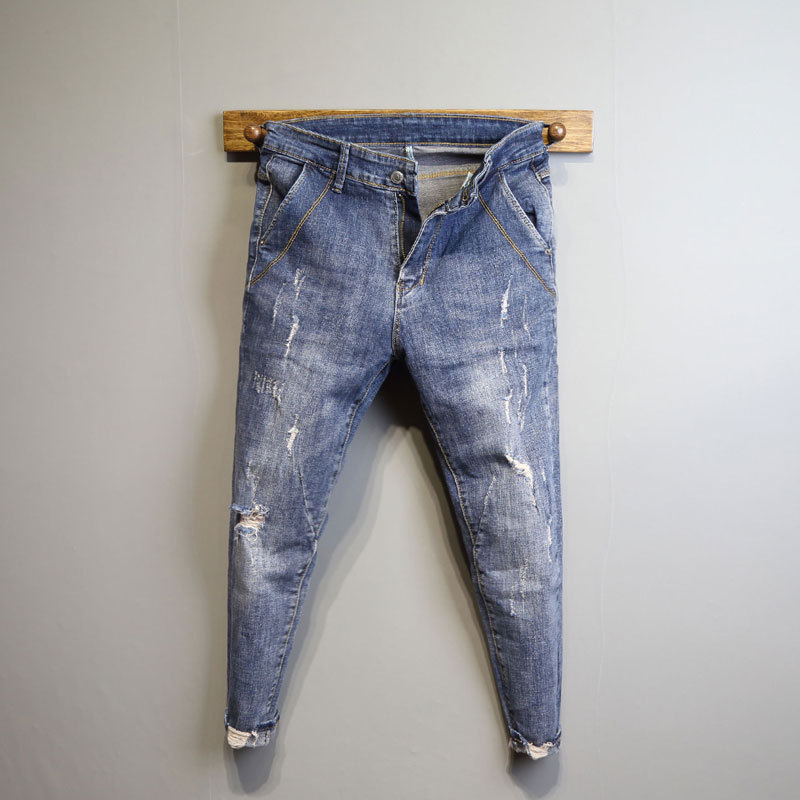 九分斜插蓝色裤脚青年小脚口袋破洞 破洞百搭 男裤修身拼接牛仔裤-阿