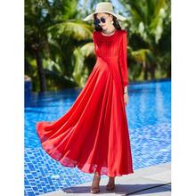 红色雪纺连衣裙女2023新款高级感长袖沙滩裙女海边度假超仙长裙子