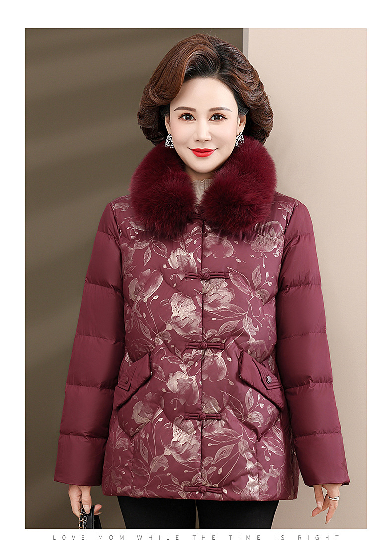 中老年妈妈装棉服棉衣加绒加厚大毛领印花气质保暖外套40岁50女冬