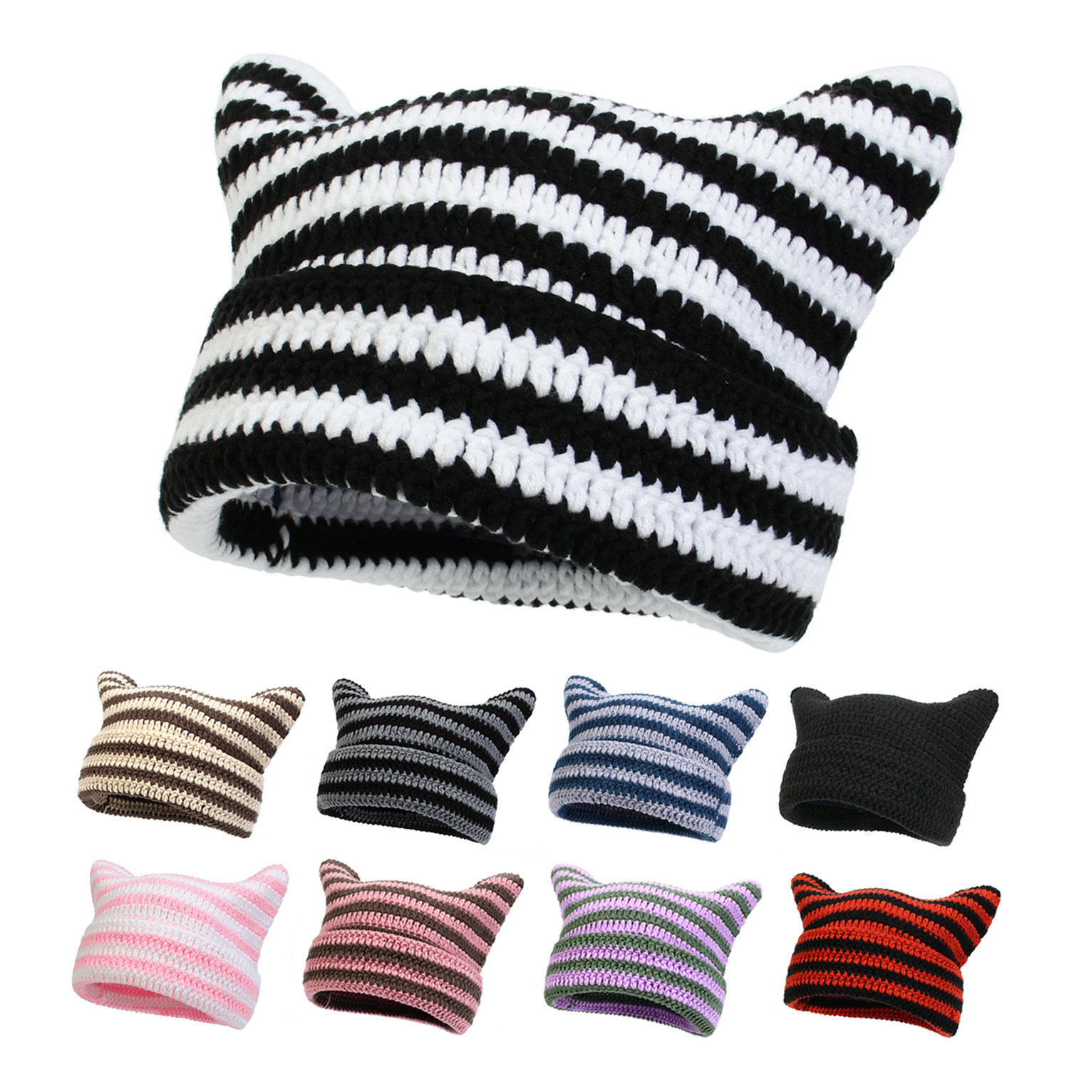 2023 New Japanese Style Little Devil Hand Crocheted Woolen Cap Striped Hat Cute Cat Ears Casual Warm Hat