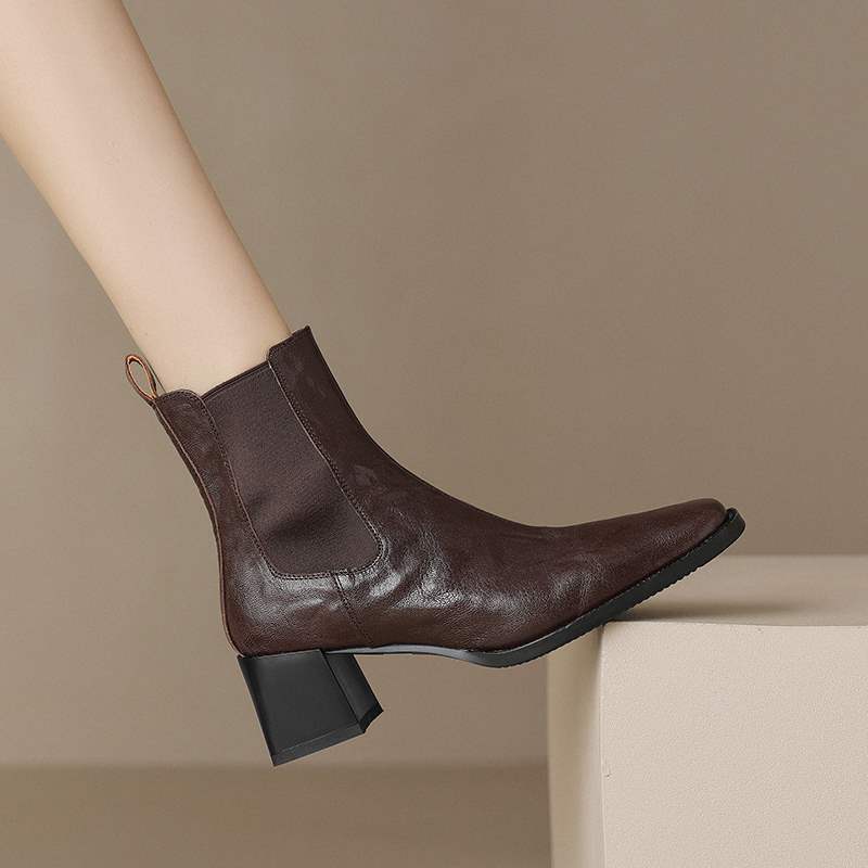 法式复古棕色切尔西靴女秋冬2023新款中高跟短靴子真皮粗跟马丁靴