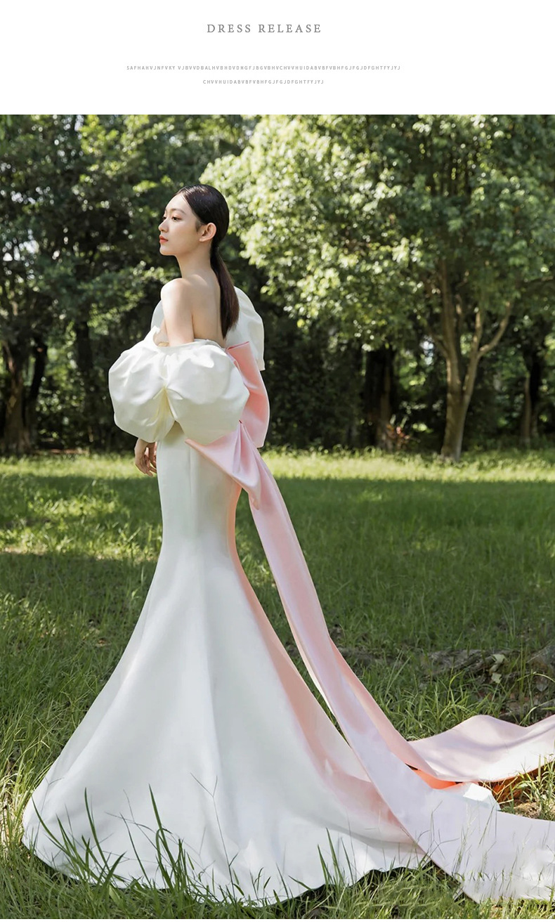 明星高定婚纱鱼尾一字肩大蝴蝶结礼服女迎宾纱法式简约缎面轻婚纱
