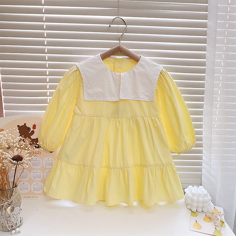 Girls' Cotton Dress 2023 Spring New Baby Girls' Polka Dot Square Collar A- line Dress Children Pastoral Style