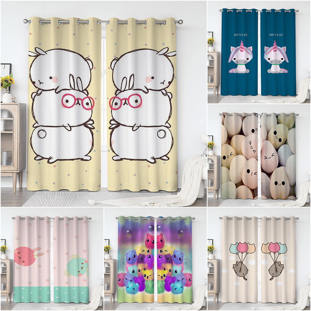 亚马逊数码印花卡通可爱小动物窗帘布跨境兔子鸡蛋卧室客厅打孔窗