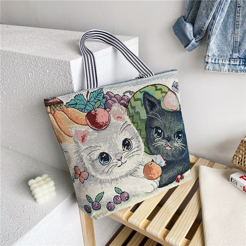 Wholesale Tote Bag 2023 New Fashionable Ethnic Style Bag Shopping Bag Cartoon Embroidered Large Capacity Women's Shoulder Bag