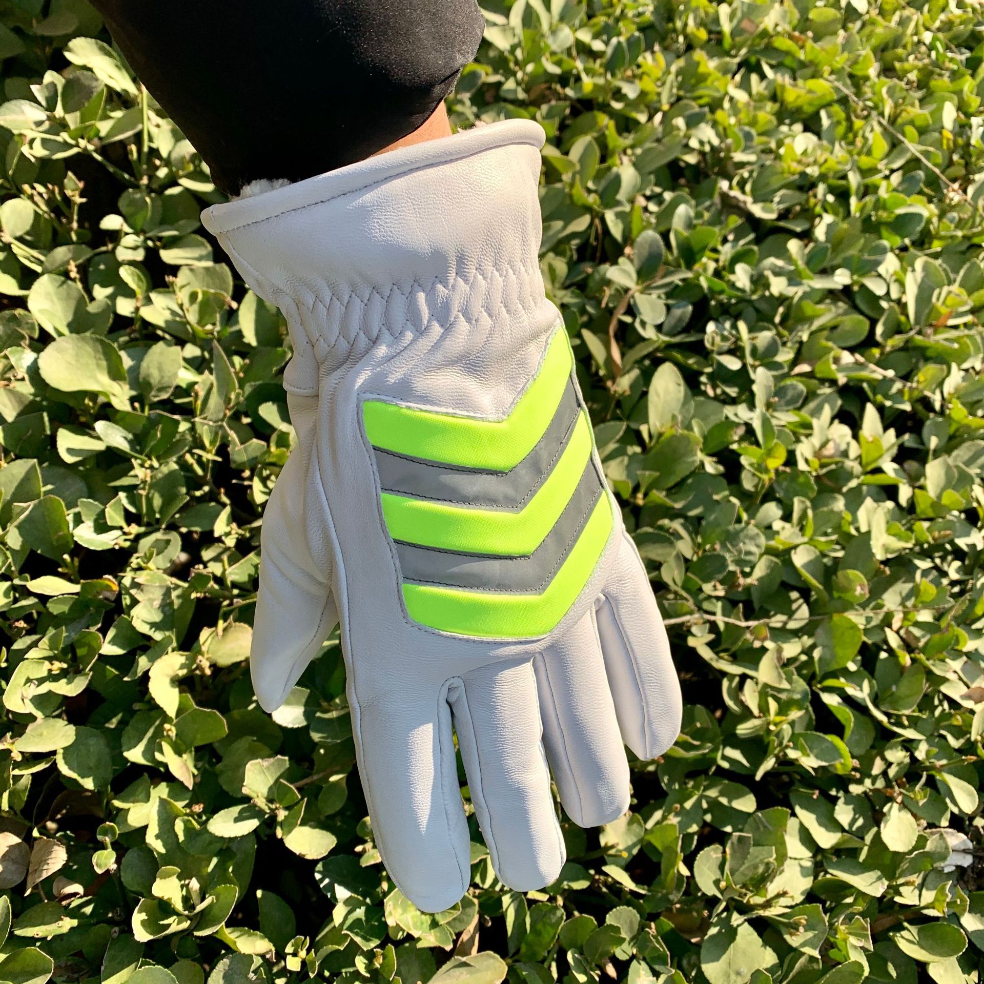 安保安防执勤皮手套男交通指挥荧光绿反光加绒棉手套秋冬铁骑手套