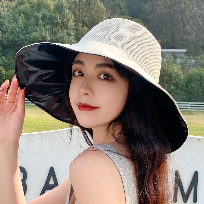 Sun Hat Female Summer Korean Style Vinyl Sun Protection Hat Folding Beach Hat UV Protection Wide Brim Hat Face Cover Sun Hat