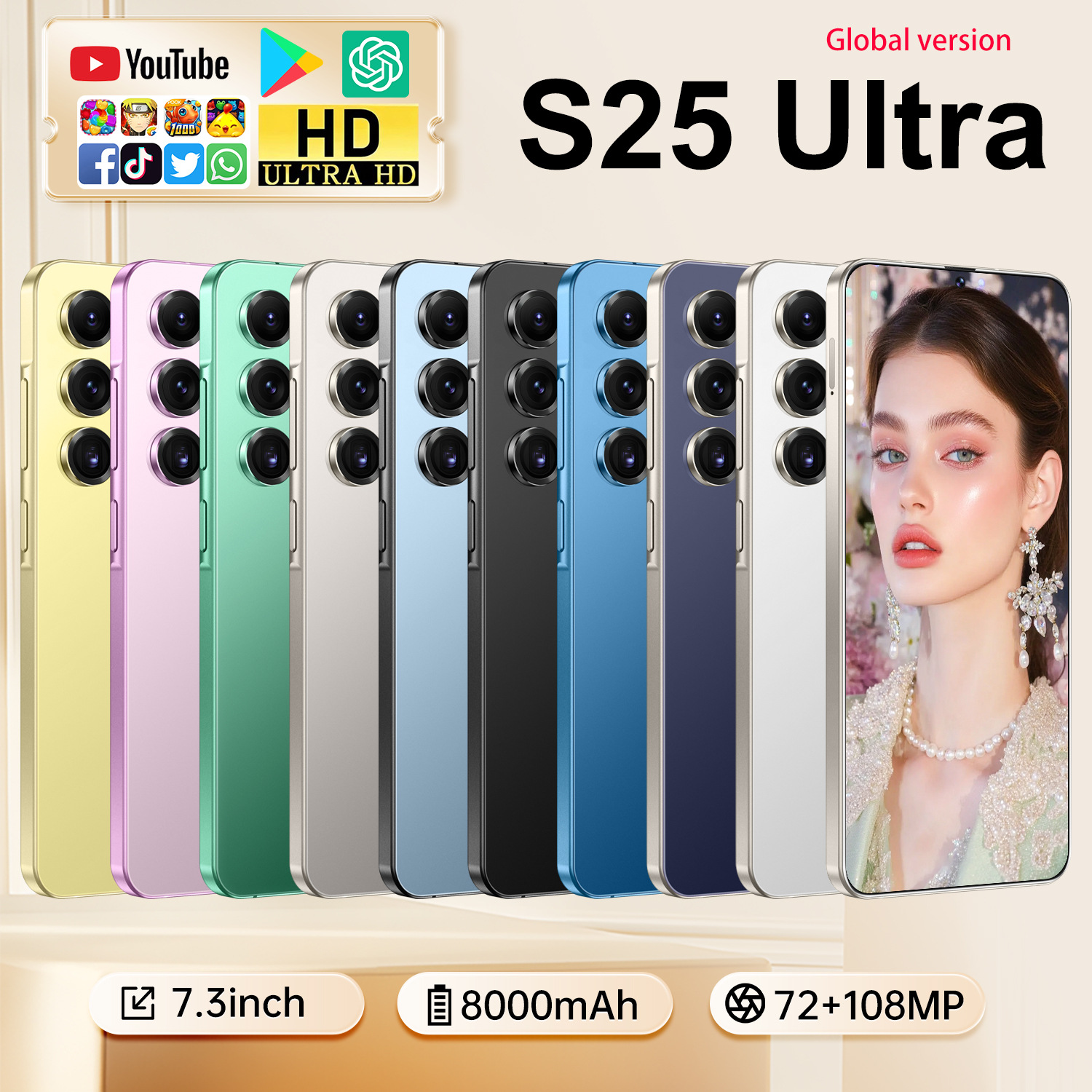 新款2K显示屏S25 Ultra跨境手机穿孔7.3寸屏外贸高端热销智能手机