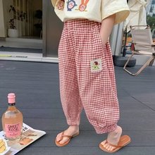 2024年夏季新款纯棉女童装夏季薄款防蚊裤红色格子