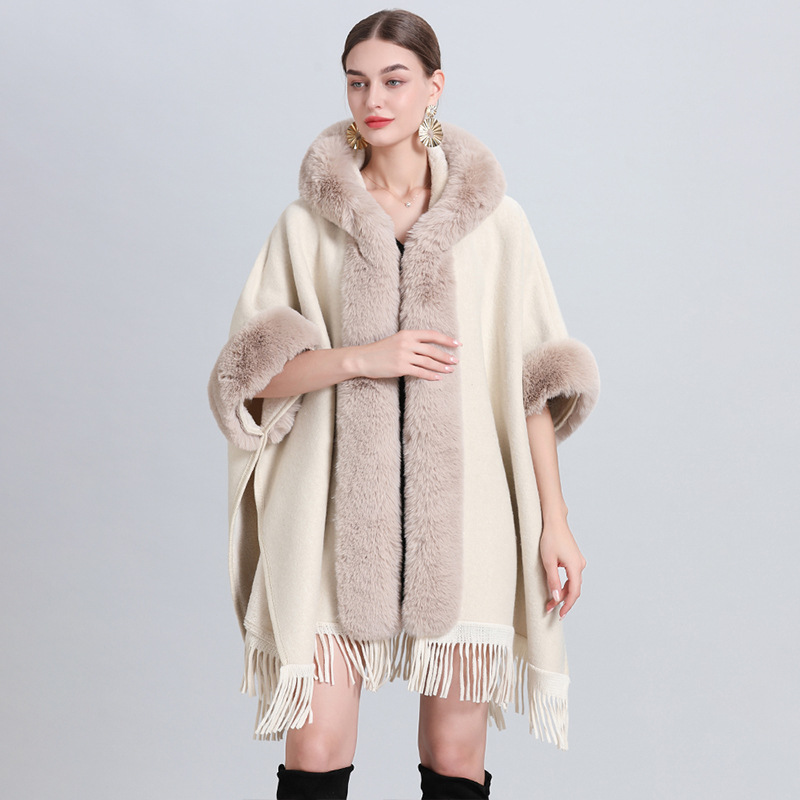 869# Live Hot Loose Velvet Thickened Fur Collar Hood Tassel Knitted Shawl Cape Oversized Woolen Coat