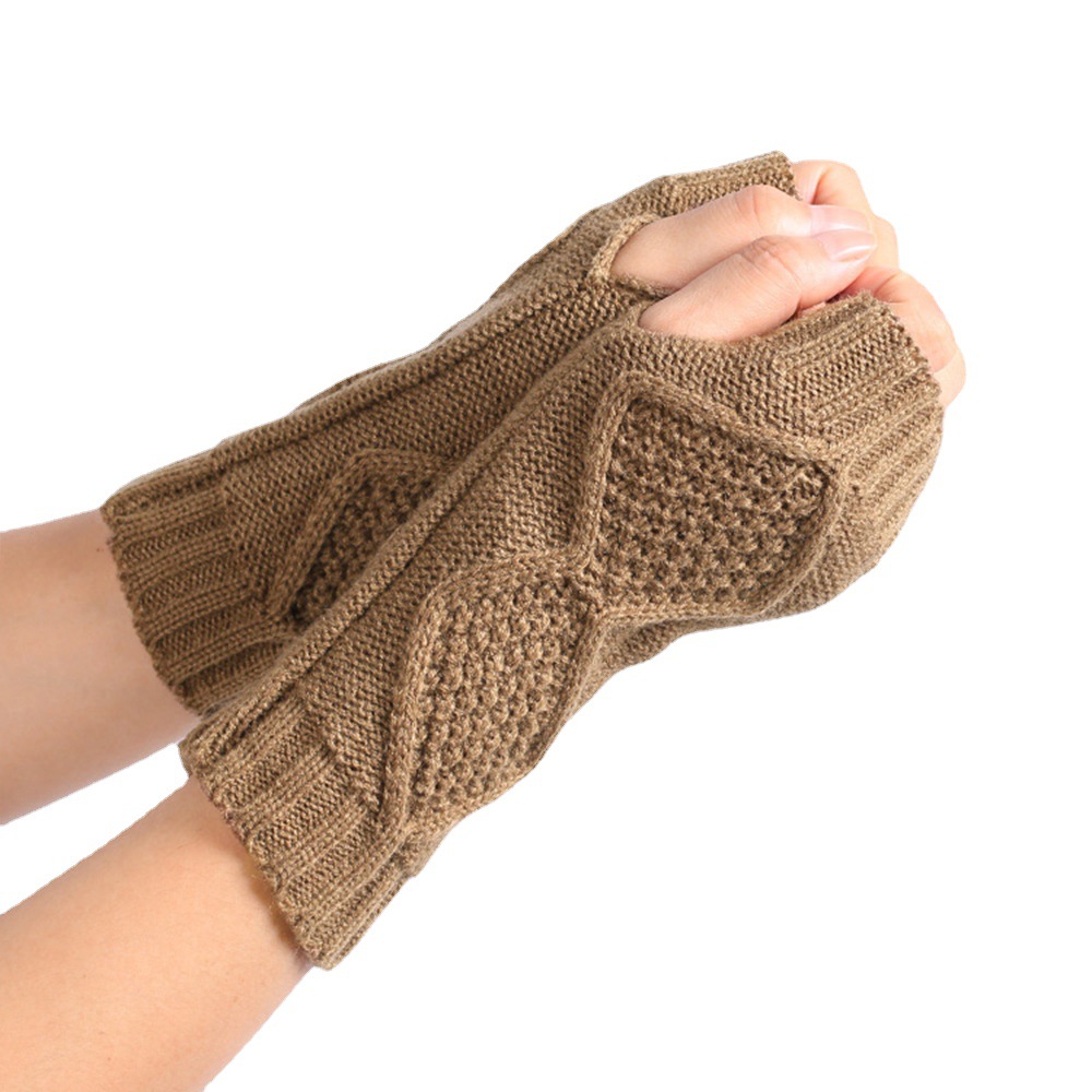 欧美毛线厚手套菱形方块手套针织手套半指跨境护手套保暖手套现货