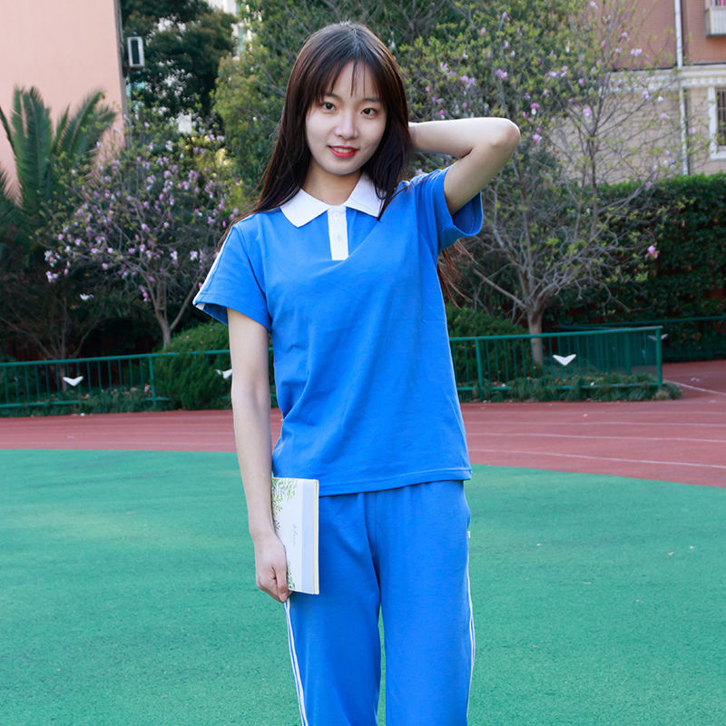 致青春中学生校服套装初高中班服运动男女夏季蓝白色短袖上衣长裤