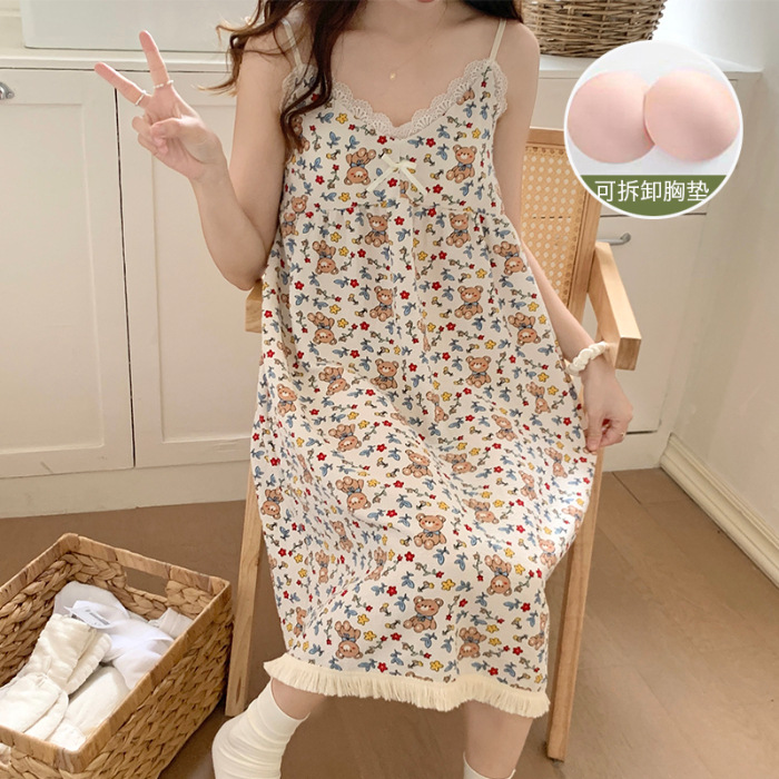 Online Live Summer Bubble Cotton Slip Nightdress Women's Sweet Outer Wear with Chest Pad Home Wear Cross-Border Wholesale
