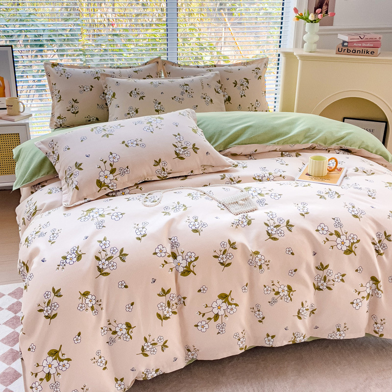 New Pure Cotton Brushed Four-Piece Set Fresh Thickening Bed Sheet Quilt Cover Student Washed Cotton Three-Piece Bedding Set