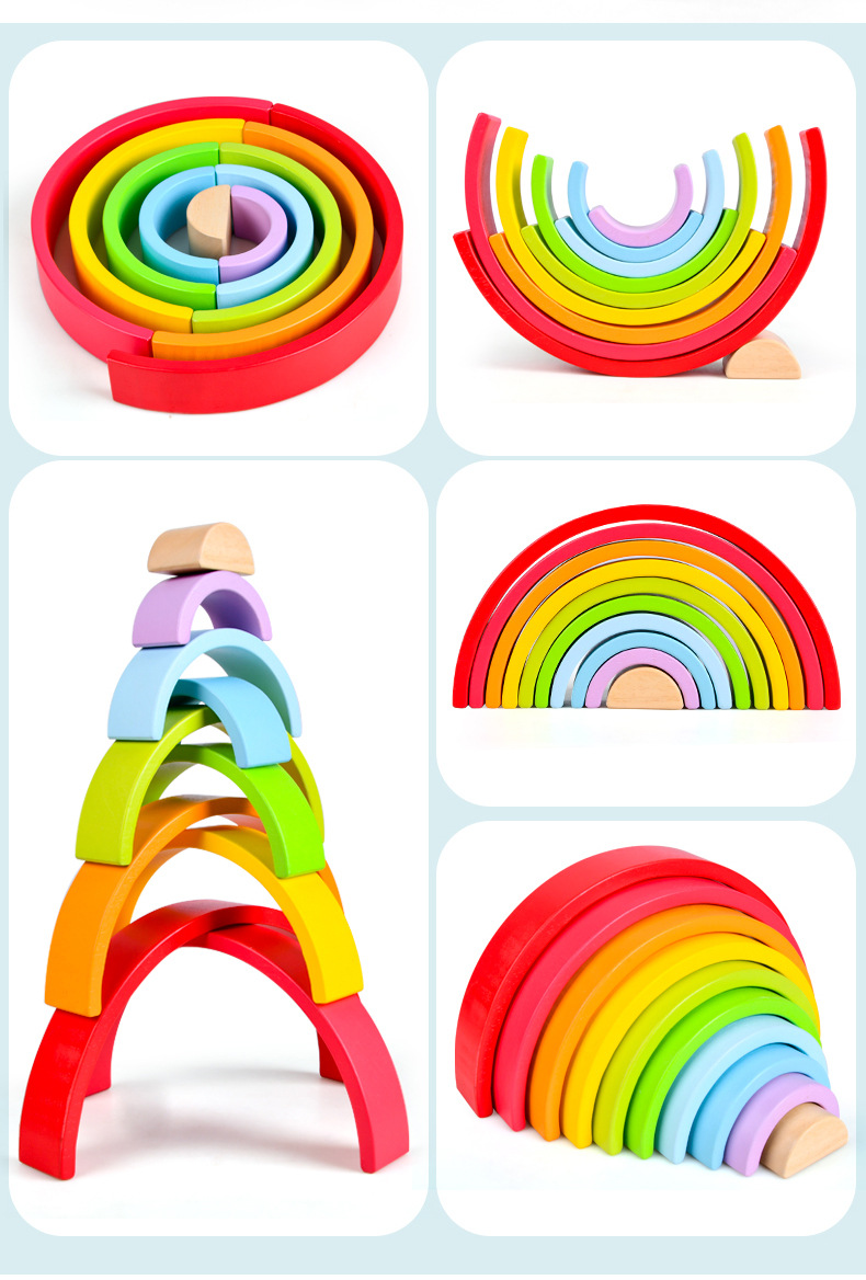 木制十层彩虹拱形积木幼儿童益智创意拼搭半圆叠叠高跨境教育玩具