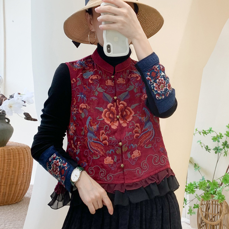 2022秋季女装棉麻重工刺绣花朵民族风女式盘扣花边马甲-阿里巴巴