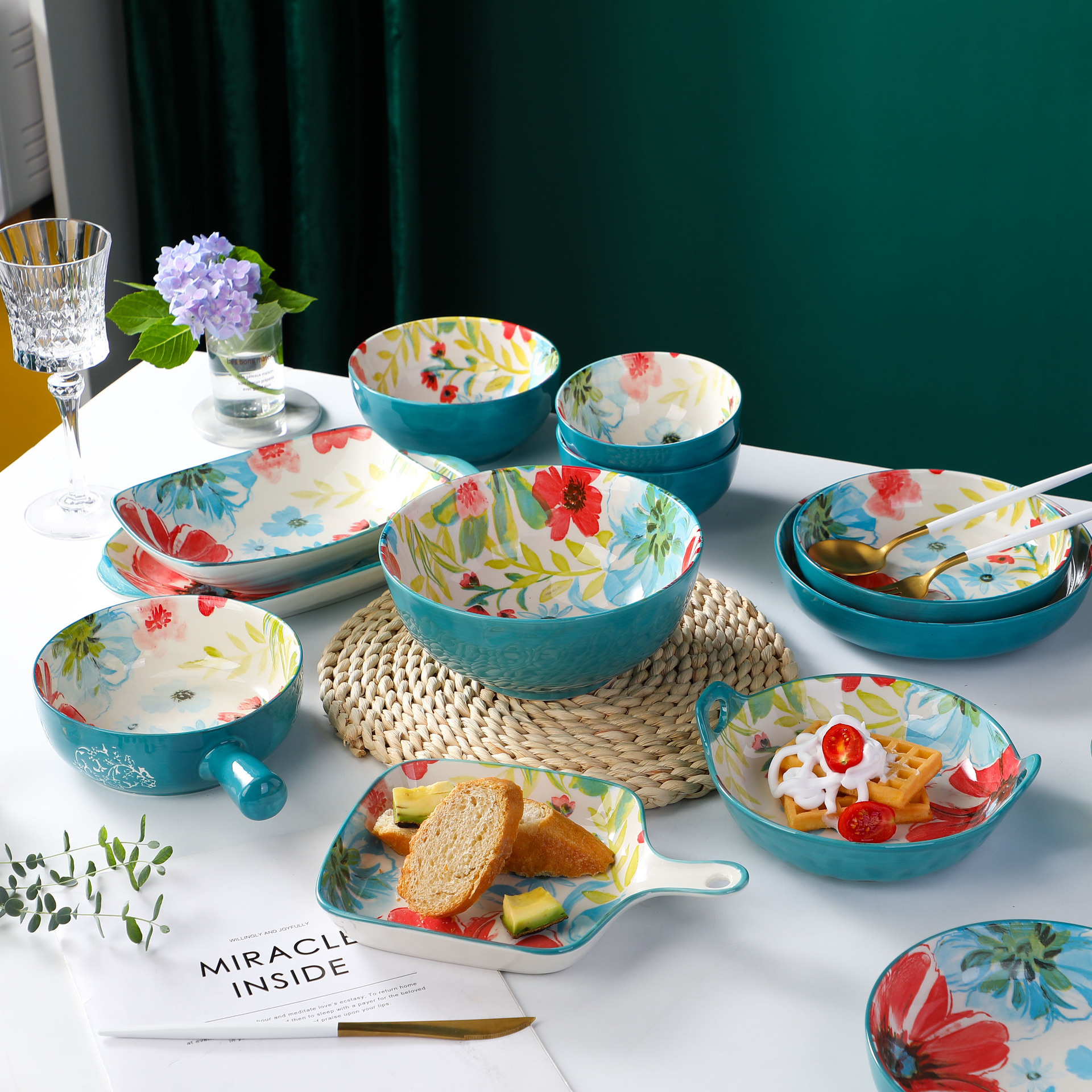 花繁陶瓷餐具套装网红花卉陶瓷组合家用碗盘碟餐具吃饭碗汤碗菜盘