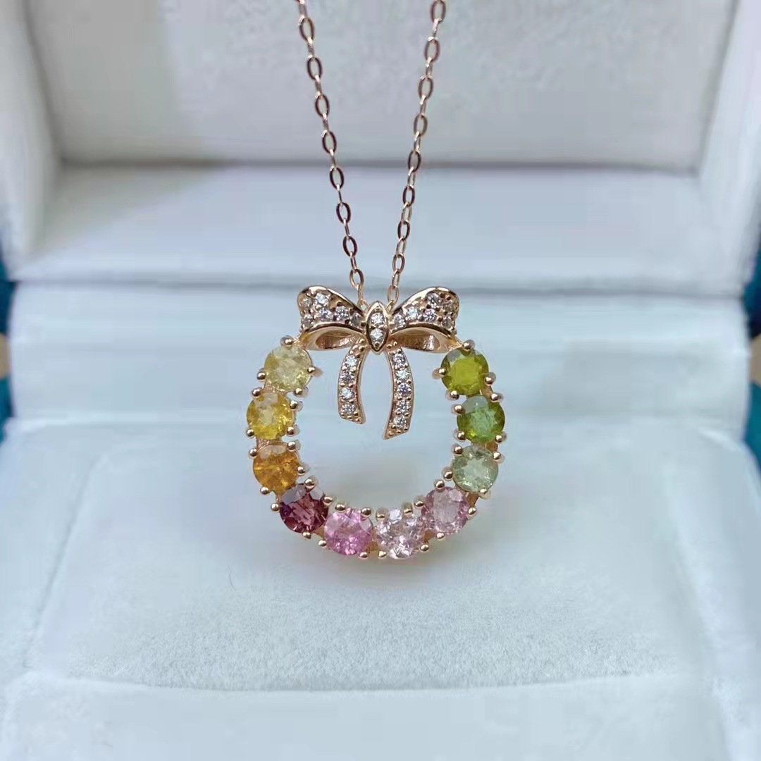 天然彩色碧玺项链925银镶正品珠宝锁骨链礼物ins风吊坠厂家直销