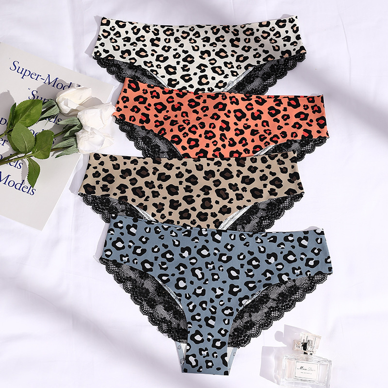 European and American Ladies Lace Leopard Print Panties for Women Low Waist Seamless Sexy Ice Silk Panties Purified Cotton Crotch Breathable Briefs