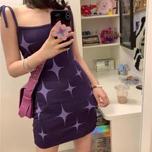 辣妹夏日新款星星紫色弹性针织连衣裙夏季女装肩带绑带设计裙子