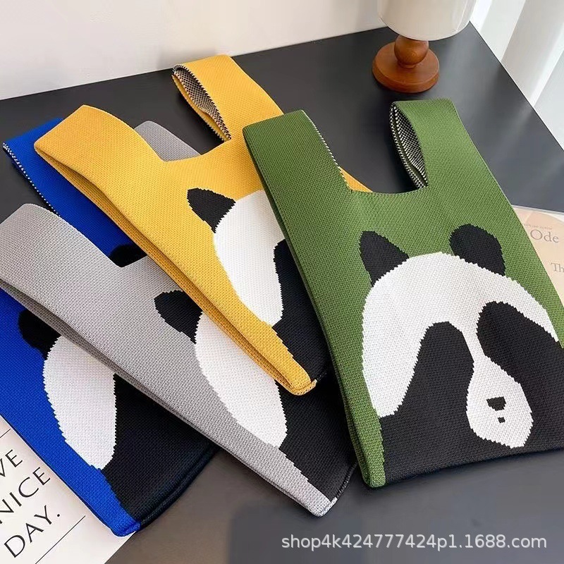 可爱熊猫手提包女针织毛线水桶包日韩版百搭手拎休闲托特包盒饭袋