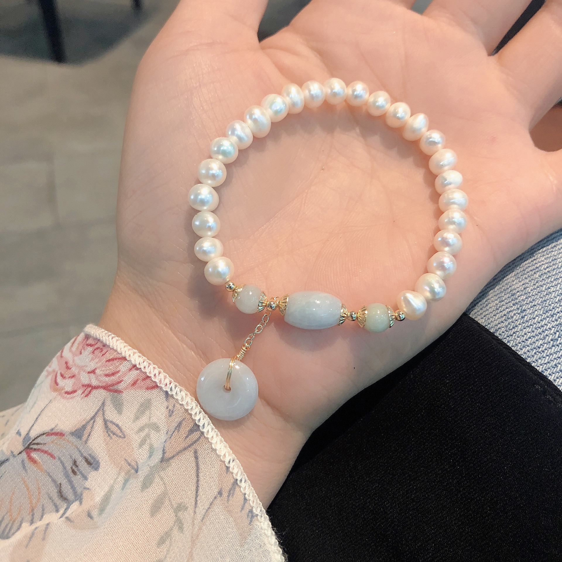 玉石淡水珍珠复古闺蜜珠子手链女闺蜜小礼品单圈平*安扣手环手饰