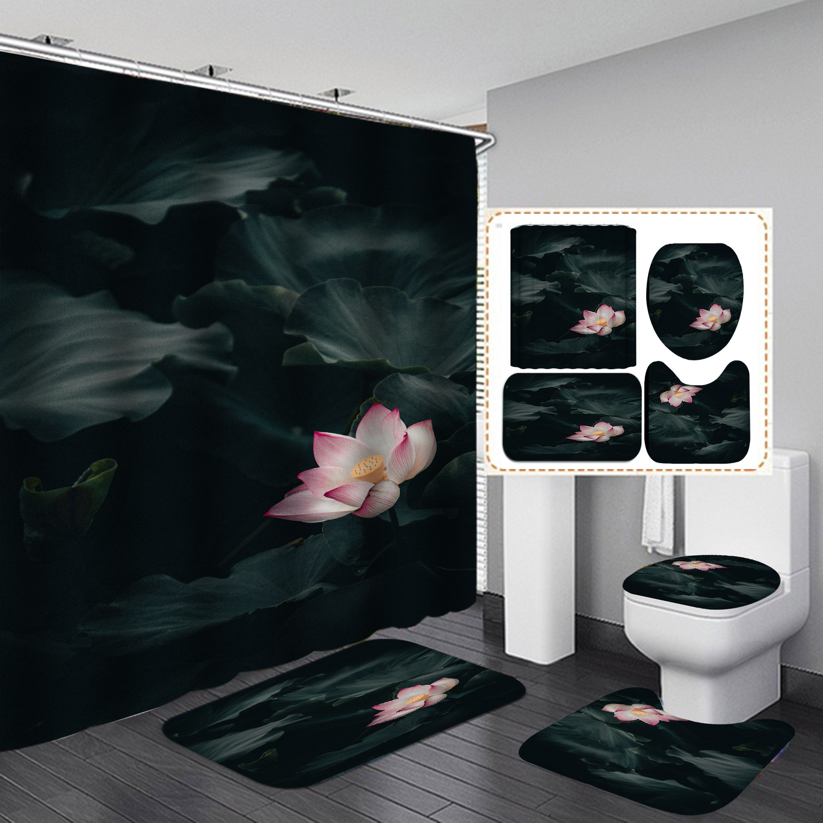 HD Digital Printing Shower Curtain Set Waterproof Punch-Free Partition Curtain Bath Curtain Hotel Toilet Rain Curtain