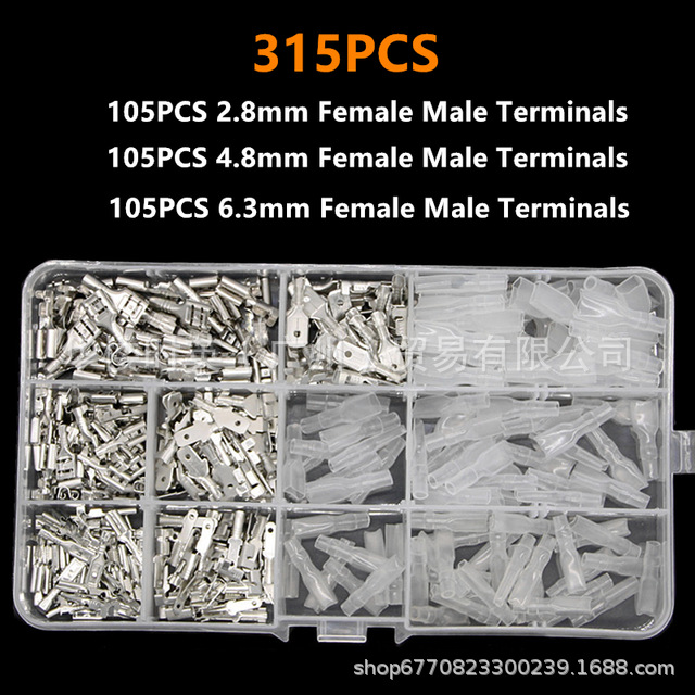 315PCS盒装6.3/4.8/2.8插簧插片护套冷压接线插拔式端子镀锡跨境