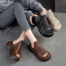 上海杰骤夏季新款镂空透气厚底拖鞋复古风头层牛皮洞洞鞋舒适女鞋