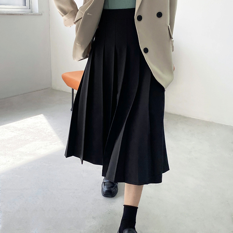 芷苁夕法式百褶半身裙女春复古黑色高腰中长款显瘦气质a字裙 5127