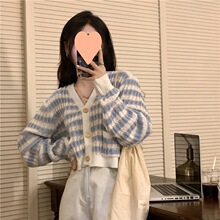 韩系百搭针织开衫外套女秋季2023年新款领条纹复古长袖上衣风