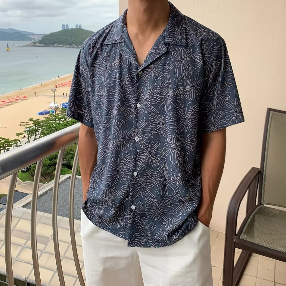 古巴领花衬衫男士短袖高级感痞帅夏威夷三亚度假薄款休闲宽松衬衣