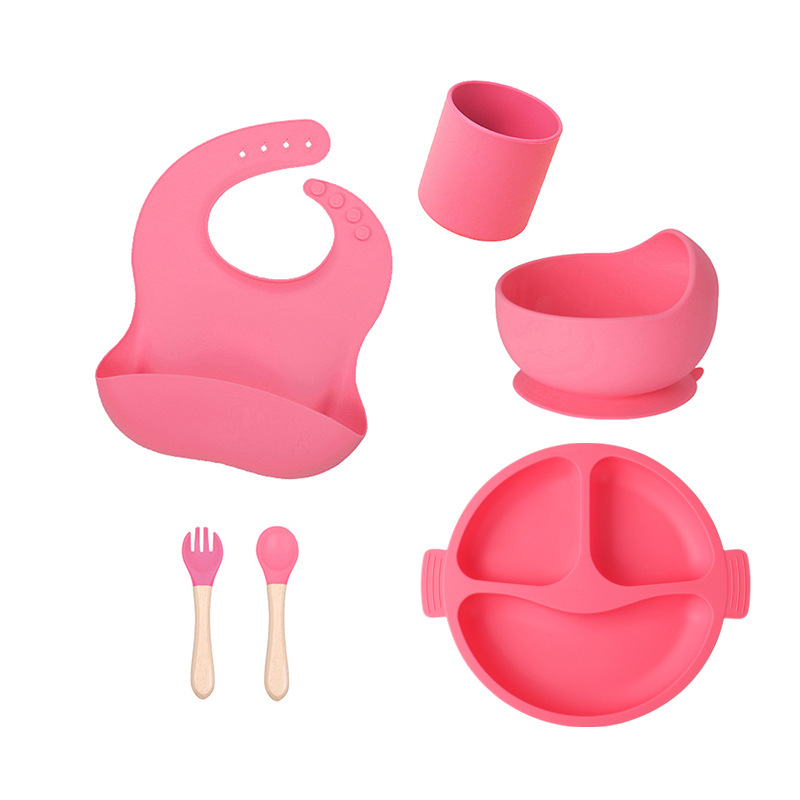 Baby Solid Food Bowl Children's Silicone Compartment Dinner Plate Wooden Handle Spork Suit Pedology Eating Silicone Cutlery Plate